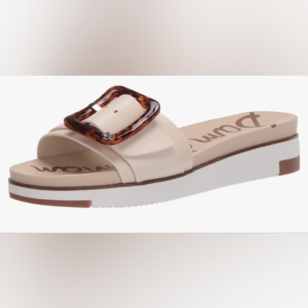 Sam Edelman Ariane Cream Squared Open Toe Buckle Low Wedge Sandals SZ 9M
